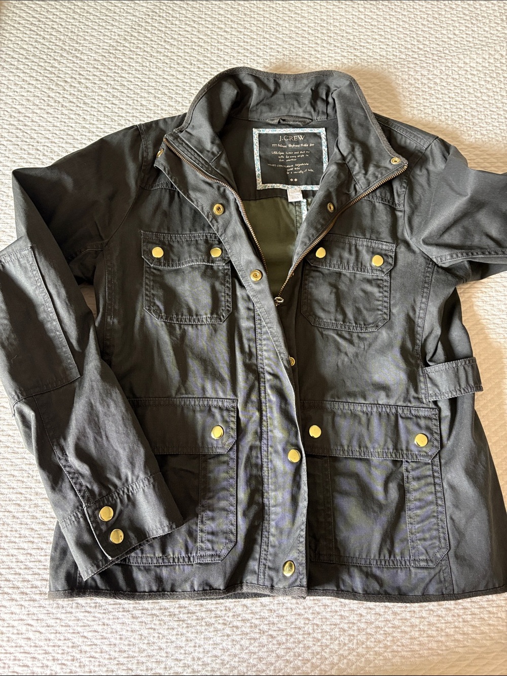J. Crew dark Olive Green Utility Jacket with Brass Snap Details